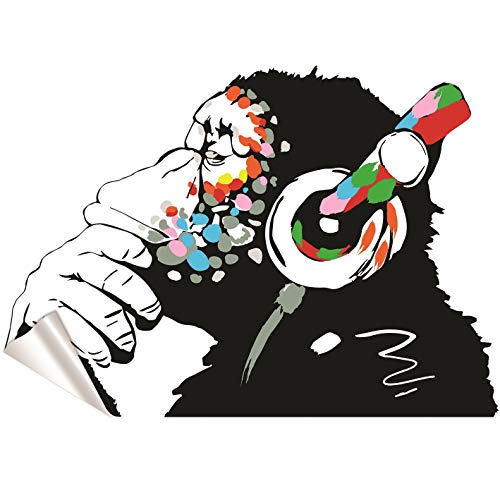Banksy Vinyl Wand Aufkleber Affe Mit Kopfhörer / Affe Abhör zu das Musik in Kopfhörer / Street Graffiti Kunst Aufkleber + Gratis Aufkleber Geschenk - 50x35 cm