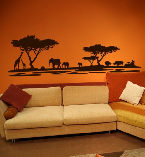Premium Wandaufkleber Afrika Elefanten Giraffen Nilpferde MAXI XXL 1,86m x 0,6 Motiv: #72 dunkelbraun RAL 8017
