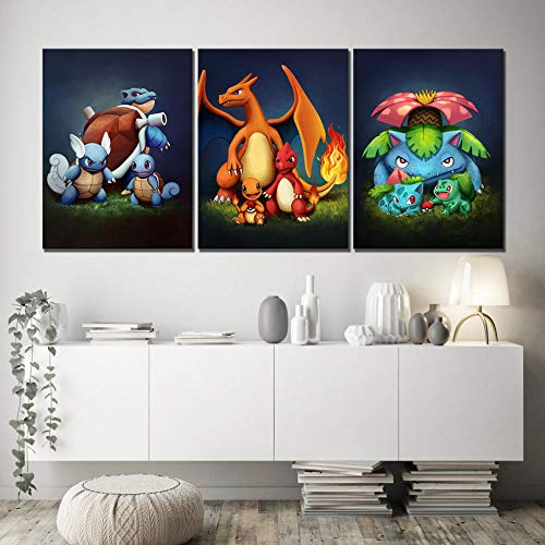 HMOTR Leinwand Malerei Gedruckt Dekoration 3 Stücke Pokemon Tasche Monster Anime Wandkunstwerk Modulare Bilder Poster Für Wohnzimmer Room-30x40cmx3pcs_No_Frame