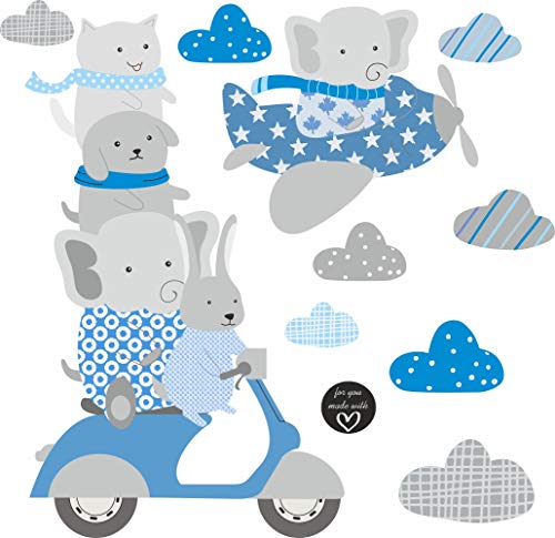 greenluup Wandsticker Tiere Motorrad Flugzeug Hase Kinderzimmer Mädchen Junge Baby Elefanten Waldtiere Wolken blau grau (w33)