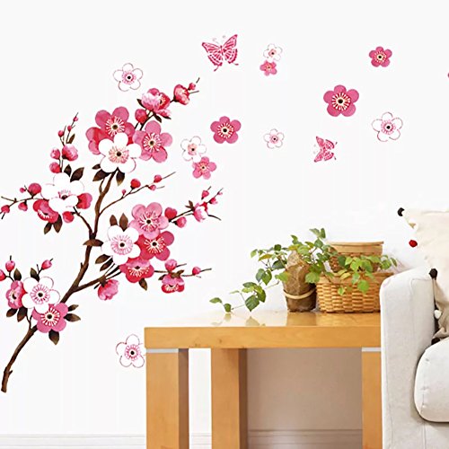 WandSticker4U- Wandtattoo KIRSCHBLÜTE Rot | Wandbilder: 120x50cm | Wand-aufkleber Blumen Ast Baum Zweig Schmetterlinge Pfirsich-blüte Sakura | Deko für Wohnzimmer Schlafzimmer Küche Fenster Flur Möbel