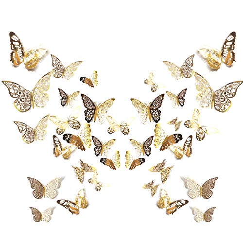 84 Stück 3D Schmetterling Wandtattoo Aufkleber Wandsticker 3 Größen 7 Muster für Haus Büro Zimmer Deko Gold