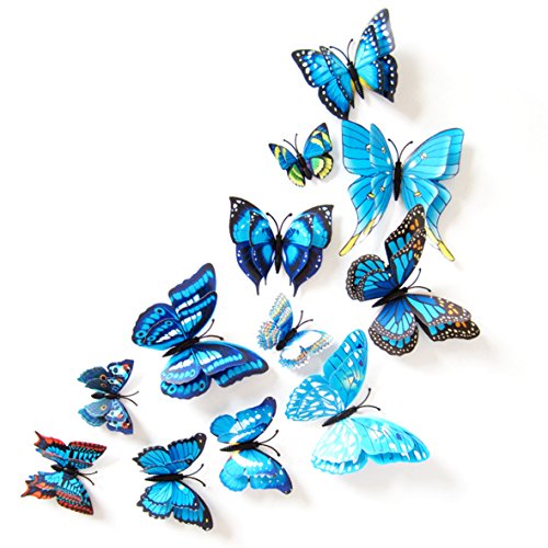 Oblique Unique 3D Schmetterlinge Doppelflügel Effekt Blumen 12er Set Dekoration Wandtattoo (Blau)