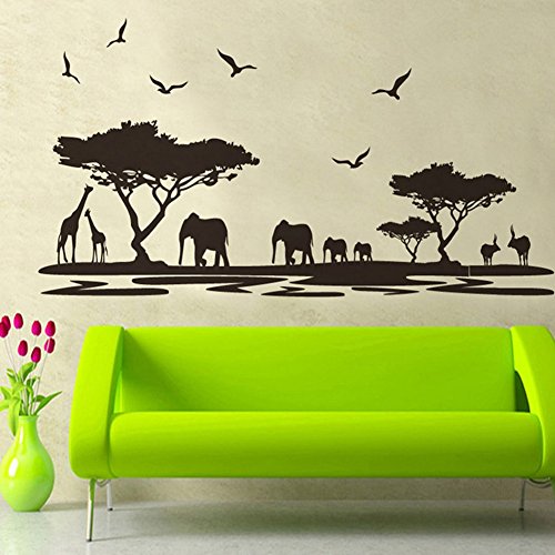 WandSticker4U  SAVANNE in Schwarz | Wandbild: 160x75 cm | Wandaufkleber Safari Afrika Wandsticker Tiere Elefant Giraffe Baum | Deko Wohnzimmer Schlafzimmer Küche Flur GROSS