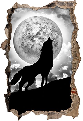 Monocrome, Wolf heult Mond an Wanddurchbruch im 3D-Look, Wand- oder Türaufkleber Format: 92x62cm, Wandsticker, Wandtattoo, Wanddekoration