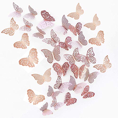 JUN-H 36 Stücke 3D Schmetterling Dekorationen Schmetterling Aufkleber DIY Wandkunst Aufkleber Schlafzimmer Baby Dekor Abziehbilder Abnehmbare Dekorative Papier Wandbilder (Rose Rot)