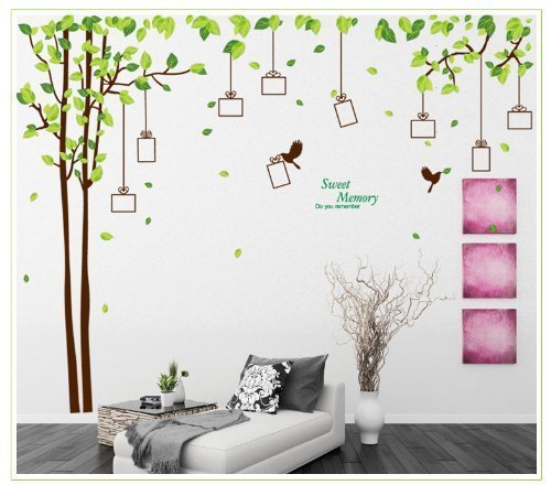 Nalmatoionme Abnehmbarer Bilderrahmen Baum mit Blättern Eule Vögel Wand Decor Aufkleber, Sweet Memory Charakter Baum