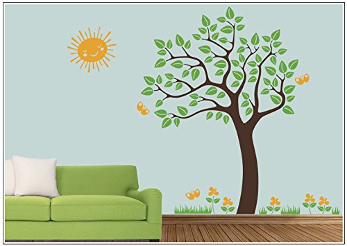 Deco-idea Wandtattoo wandaufkleber kinderzimmer Baum Schmetterling Blumen Sonne wbm42(061 grün, set1:Baum 56cm x50cm (Hoch))