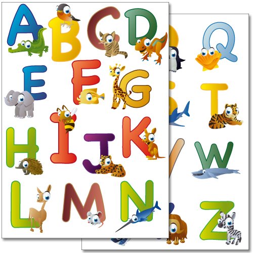 Wandkings Animal ABC, Englisches Alphabet Wandsticker Set, 26 Aufkleber, 2 DIN A4 Bögen, Gesamtfläche 60 x 20 cm