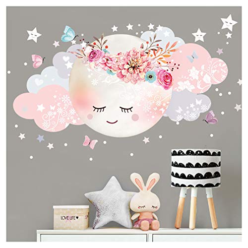 Little Deco Wandsticker Mond & Wolken I Weiß/Rosa L - 60 x 31 cm (BxH) I Kinderzimmer Wandtattoo Mädchen Baby Deko Zimmer DL246-1-L