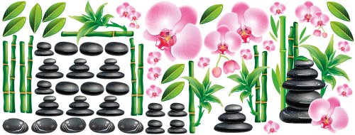 GRAZDesign Wandsticker Set Badezimmer Wellness Massagesteine Bambus und Orchideen Blüten (150x57cm)