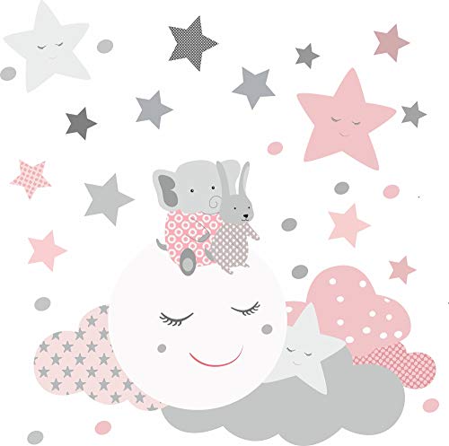 greenluup Öko Wandsticker Wandtattoo schlafender Mond Elefant Sterne Wolken Kinderzimmer Babyzimmer (Rosa)