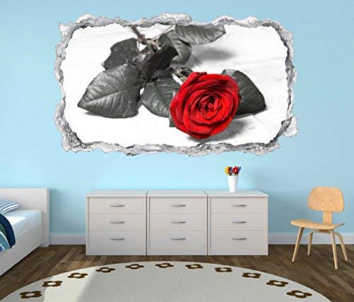3D Wandtattoo rote Rose Blume schwarz weiß Love Wand Aufkleber Durchbruch Stein selbstklebend Wandbild Wandsticker 11N574, Wandbild Größe F:ca. 97cmx57cm