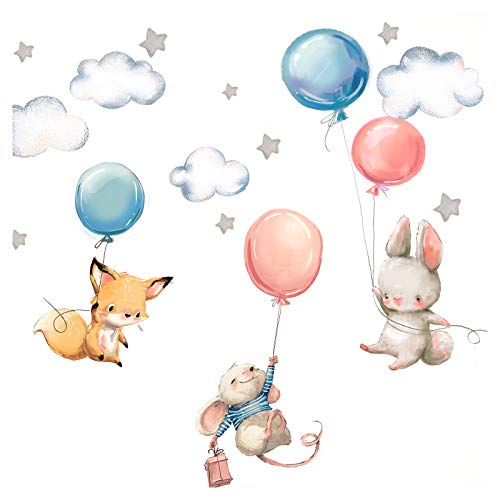 Little Deco Babyzimmer Hase Fuchs und Maus I Wandbild L   148 x 82 cm (BxH) I Luftballons Sterne Kinderbilder Junge Kinderzimmer Mädchen Aufkleber DL312