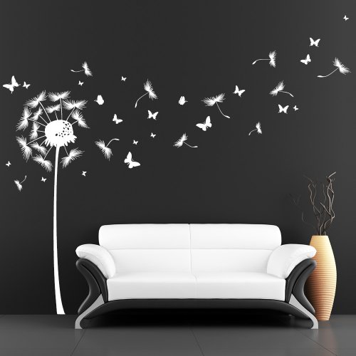 Wandtattoo-Loft  Pusteblume mit vielen Schmetterlingen  - Wandtattoo / 49 Farben / 4 Größen/weiß / 180 x 295 cm