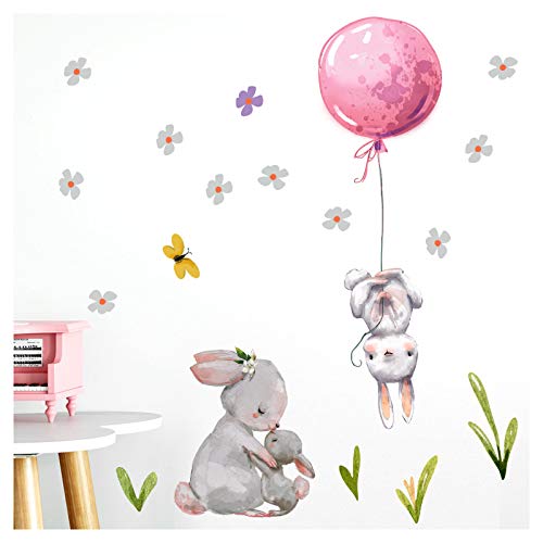 Little Deco Wandtattoo Babyzimmer Hasen mit Ballon Rosa I M - 103 x 103 cm (BxH) I Blumen Kinderbilder Deko Kinderzimmer Mädchen Aufkleber Sticker DL238