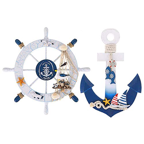 2 Pack 28 cm Steuerrad Holz und 28 cm Anker Holz Steuerrad Seil Nautical Boat Wanddeko Maritime Deko Tür hängen Ornament