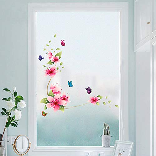 WandSticker4U  ROMANTIK rosa/rot | Wandbilder: 62x64cm | Wand aufkleber Zweige Schmetterlinge Fenster Sticker Blüten Pflanzen Rebe | Deko für Bad Küche Fliesen Möbel