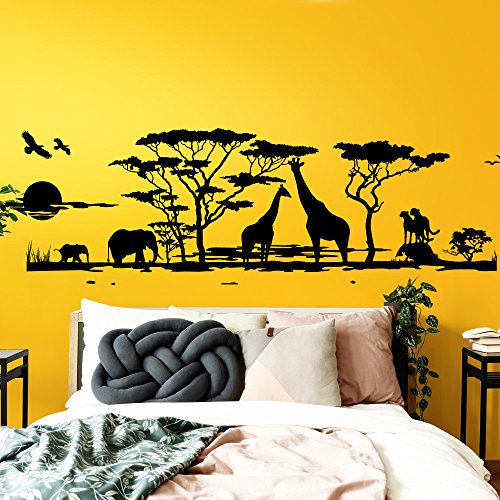 Grandora Wandtattoo Afrika Savanne Tiere I schwarz (BxH) 190 x 58 cm I Elefant Giraffe Wohnzimmer Schlafzimmer Sticker Aufkleber Wandaufkleber Wandsticker W683