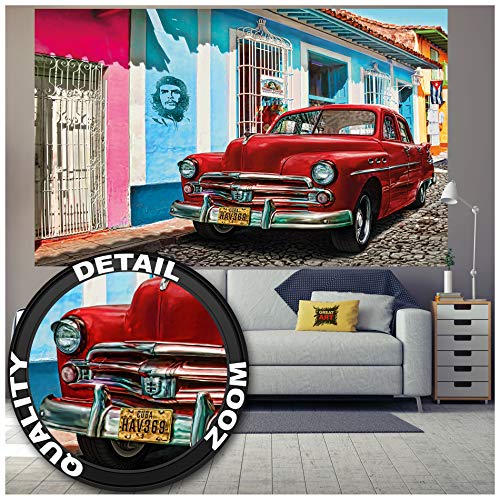 GREAT ART Fototapete   Cuba Wandbild   Dekoration Kuba Oldtimer Auto Havanna Weltkulturerbe Red Car La Habana Vieja Stadt Foto Tapete Wandtapete Fotoposter Wanddeko (210 x 140)