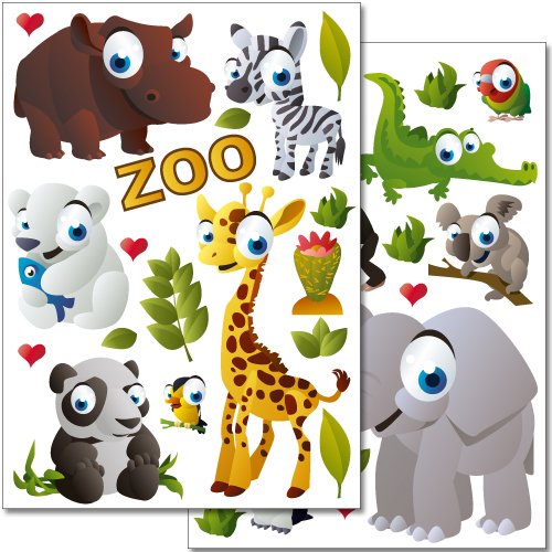 Wandkings Zoo Tiere Wandsticker Set, 37 Aufkleber, 2 DIN A4 Bögen, Gesamtfläche 60 x 20 cm