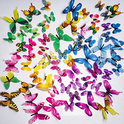 PGFUN 72 Stück 3D Schmetterling Aufkleber Fluoreszierende Wandtattoo Wanddeko Wandsticker für Wohnung Hause Wand Dekor Dekoration (12 Blau, 12 Farbe, 12 Grün, 12 Gelb, 12 Rosa, 12 Lila)