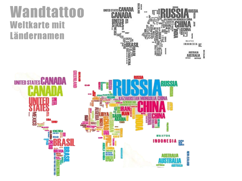 Wandtattoo Weltkarte mit Ländernamen